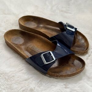 Birkenstock Women’s Navy Patent Single-Band Sandals with Silver Buckle